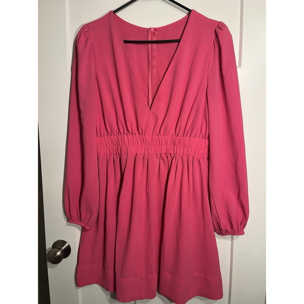 Hot Pink Babydoll Dress Large L Balloon Sleeve Deep V Neck Back Zip Casual Party